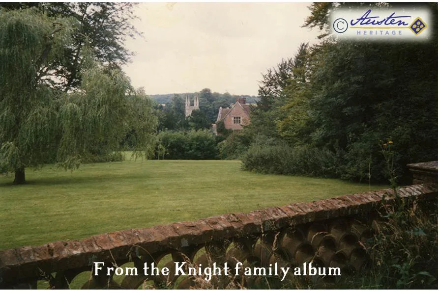 The view from the top terrace walk down the lawns to Chawton House and the church, 1987