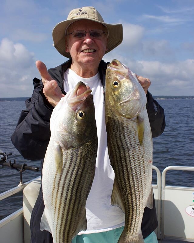 We are back in action! Yesterday we took 25 year Navy Veteran Don and his wife Marguerite out on Lake Murray.  Captain Dale of Palmetto Striper Guides helped Don bring in 16 fish including 10 keepers over 5 lbs! The day started with a little rain but