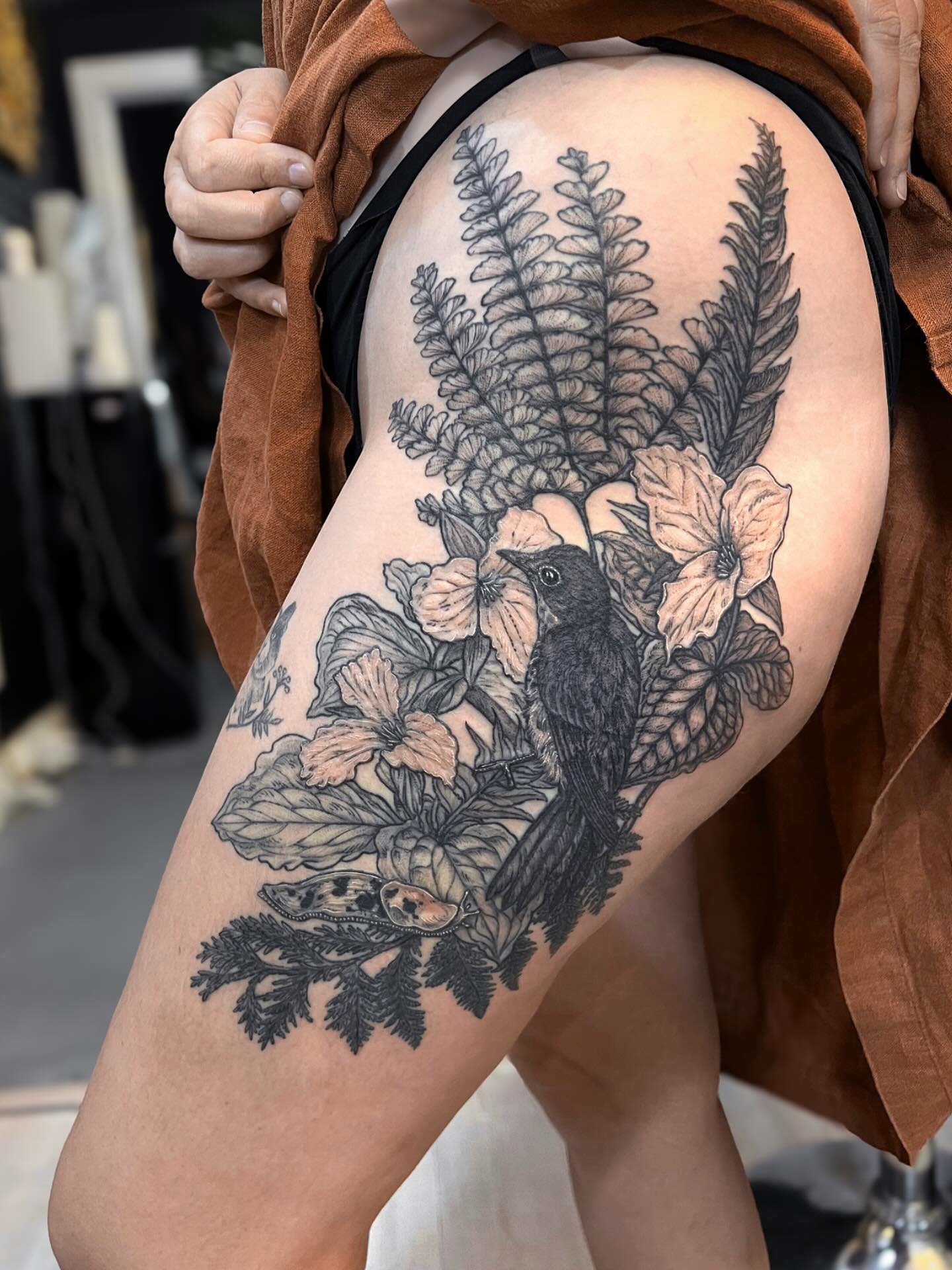 Swainson&rsquo;s thrush and banana slug 🐌🍌 for M. Mostly one year healed, partial bird shading and maidenhair shading fresh.