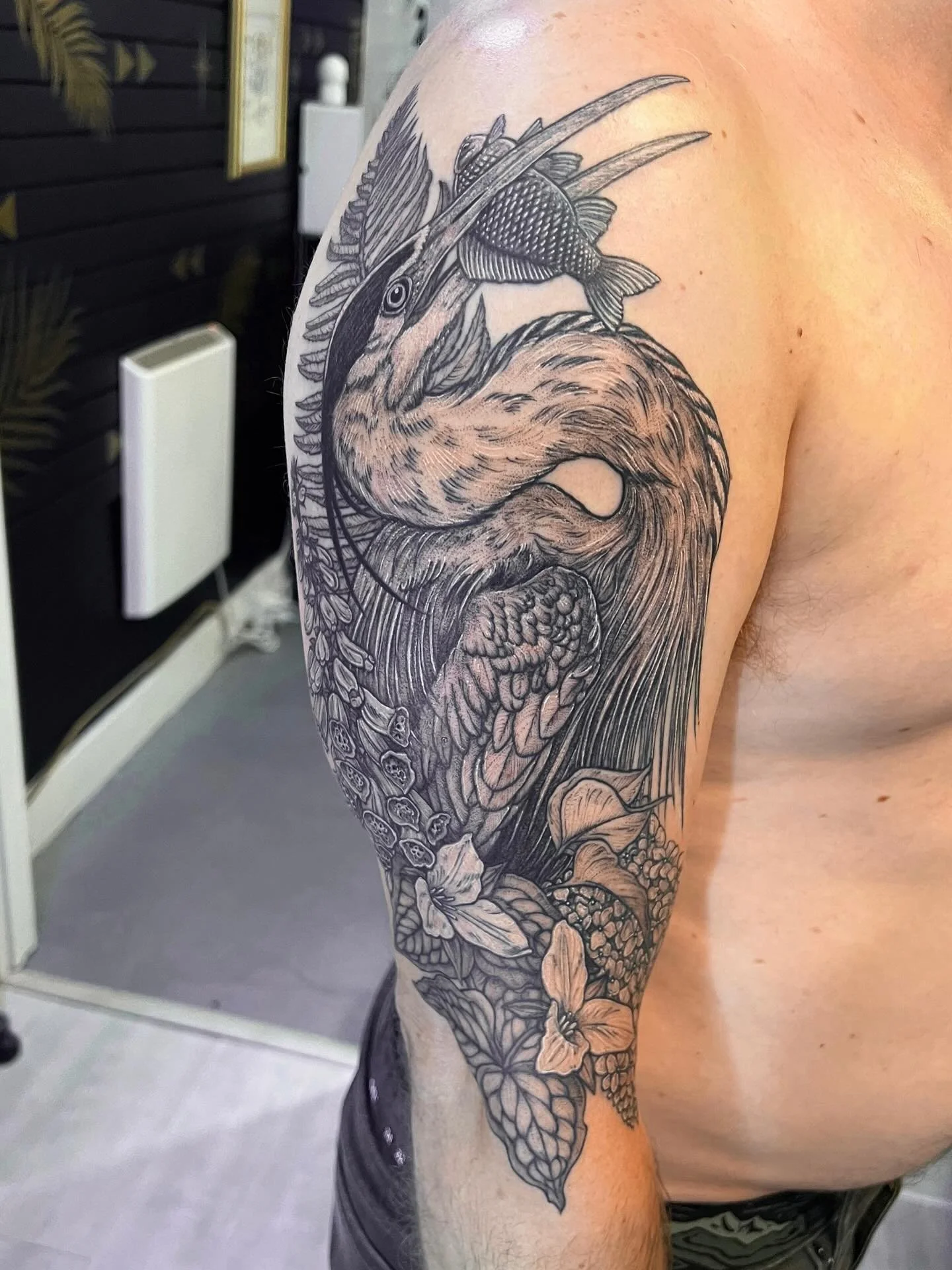 Great blue heron with a fishie, sword fern, trilliums, foxglove and lilacs for S✨ cover up of an old Jesus fish under the new fish. Two sessions, shading fresh. Thanks for your trust and making the trek to Portland S!