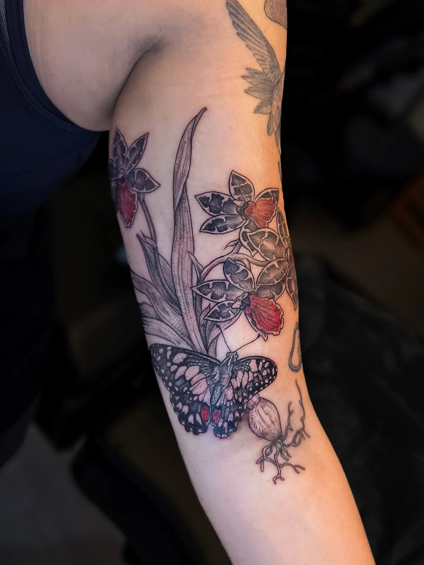 Half sleeve >>> to see full wrap. For a fellow orchid enthusiast. Zygopetalum orchid with lime butterfly on inner arm (fresh), Paphiopedilum orchid and Anna&rsquo;s hummingbird two months healed on the outer arm. 🌙
