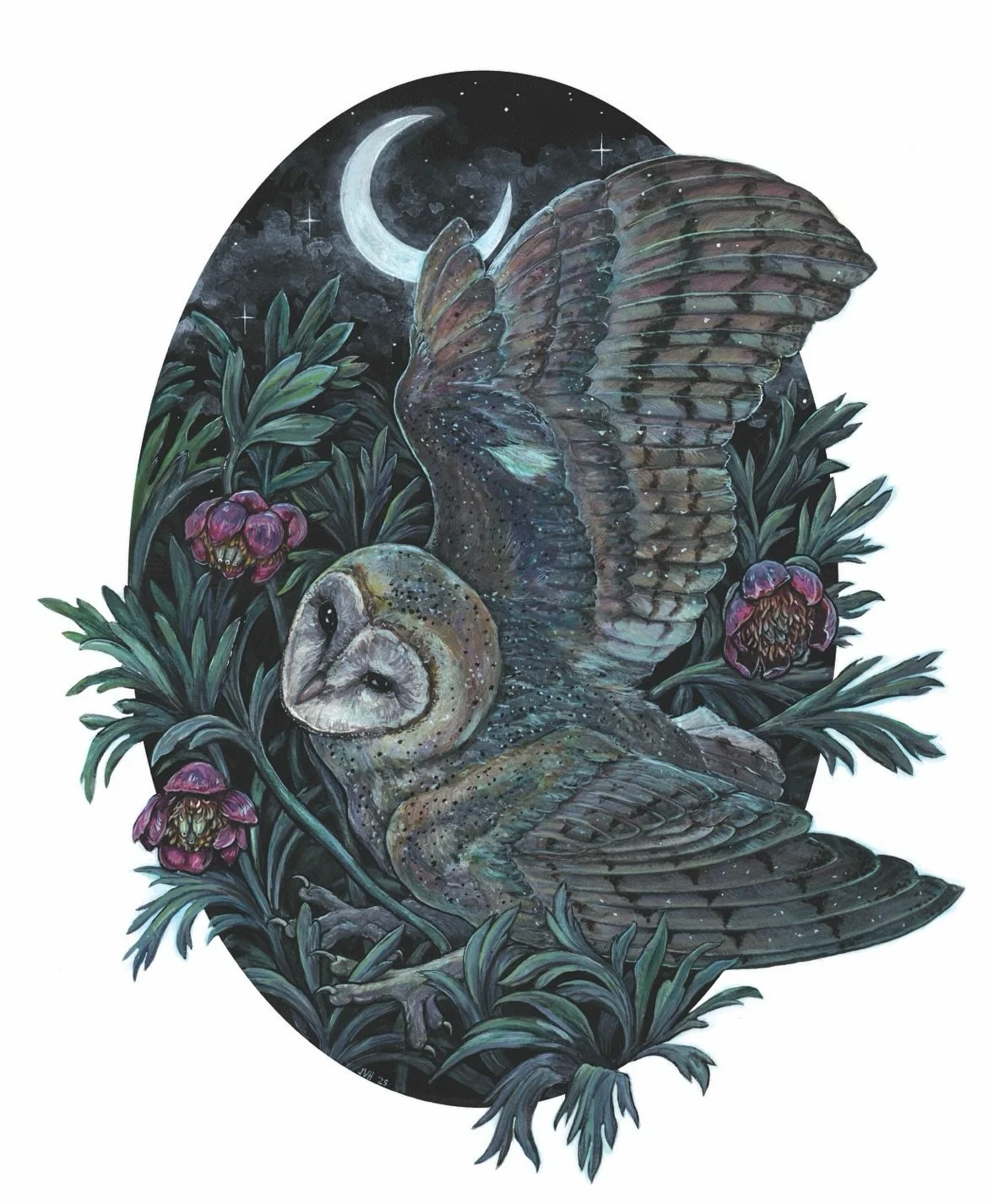 Barn owl and California peonies - client commission 🌒 First painting in a looooonnnnnngggg time. Thanks G!