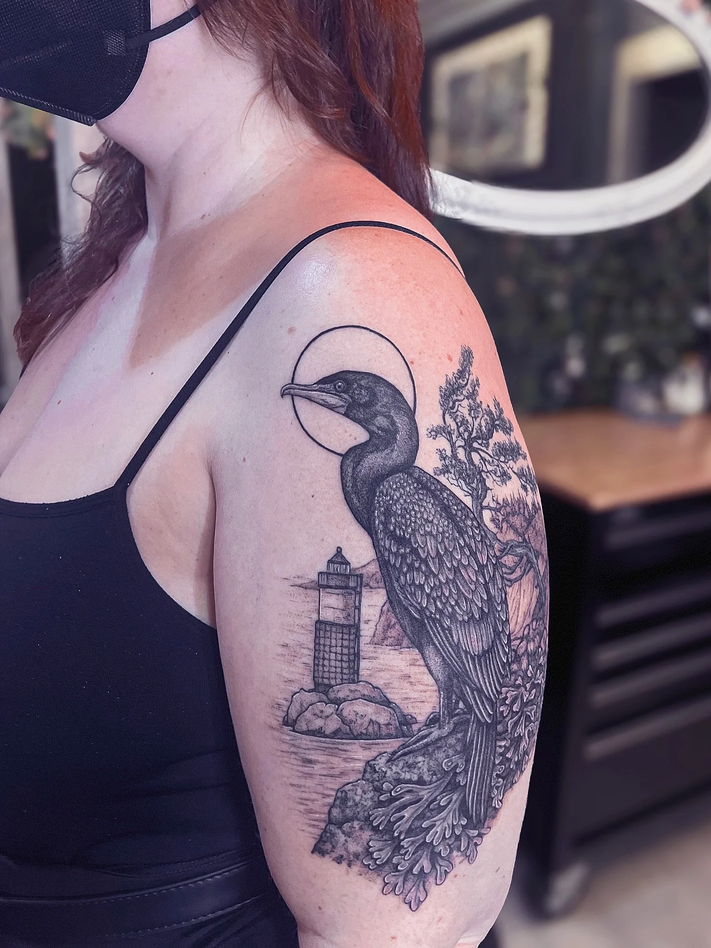 Double crested cormorant overlooking the Oregon coast 🌊 Two sessions, linework healed.