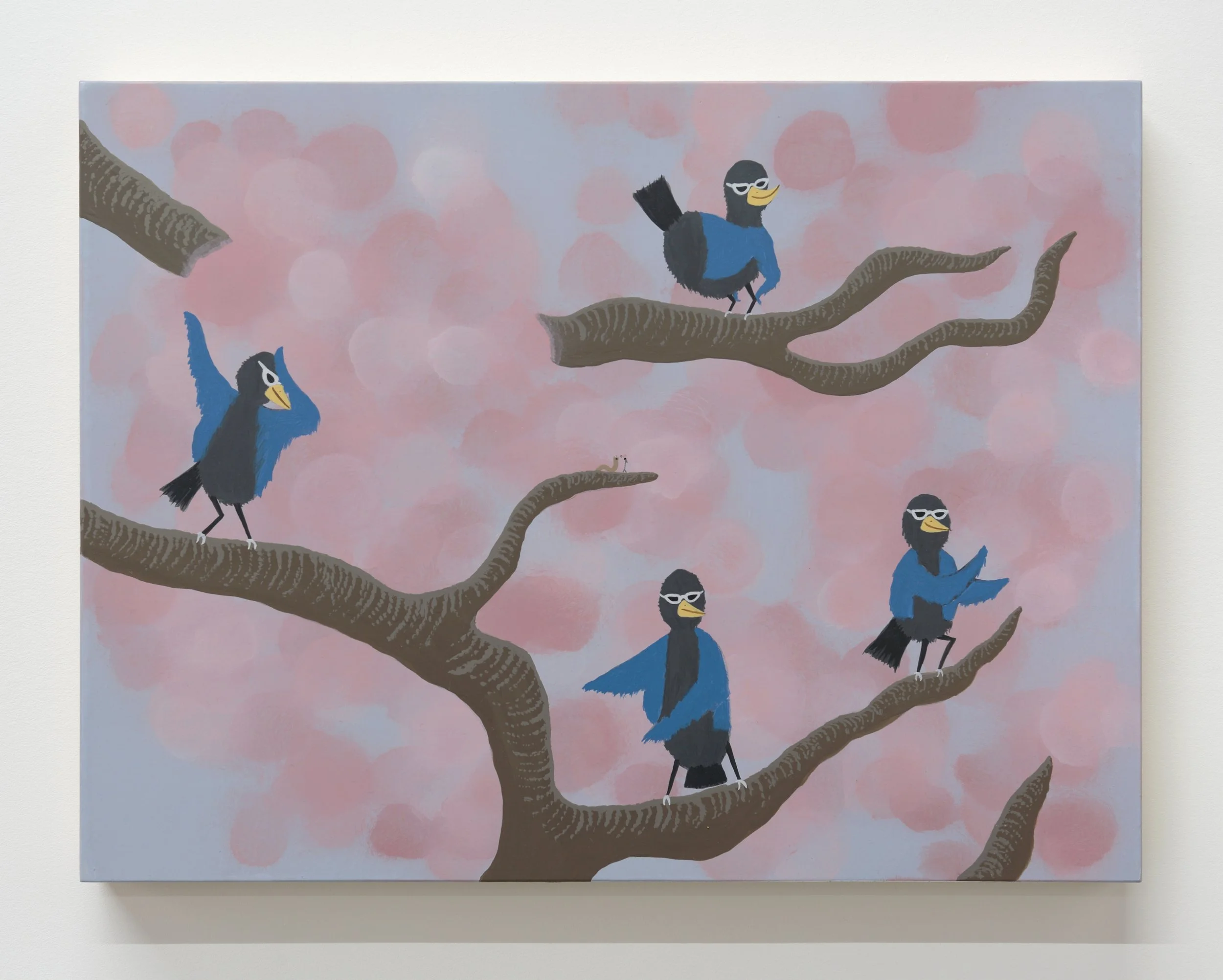 If you are kindly, they will shit all over you, happy young sparrows, 2023 acrylic paint, kiln dried birch on hoop pine stretchers 30 x 40 cm