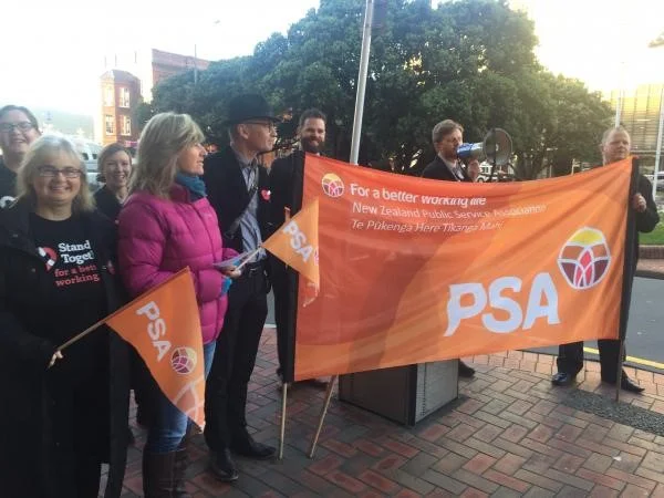 PSA Organiser Nick Kelly speaks at the Wellington Railway Station action