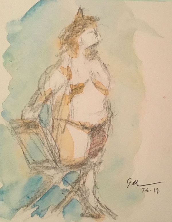 Nude on chair, watercolor on paper, 6" x 6", July 6, 2017, at the Art Students League. I tried to capture the rather defiant expression on the model's face.