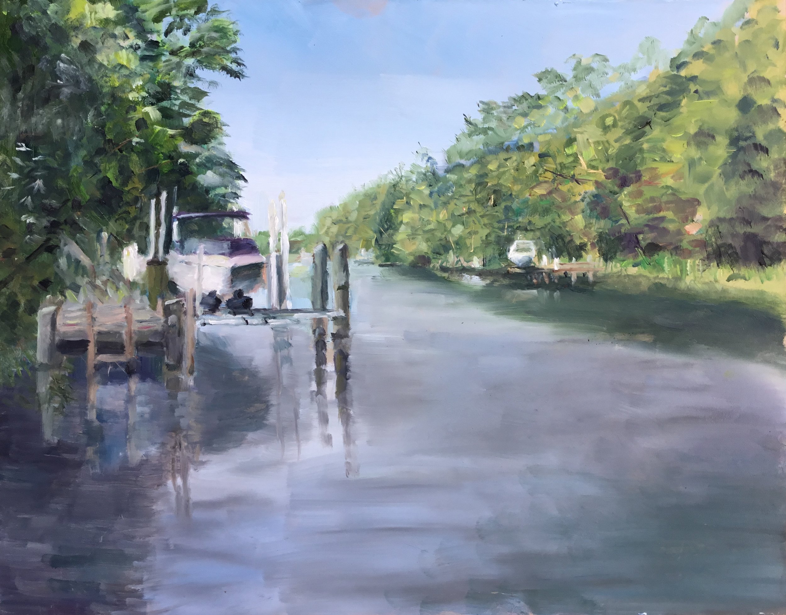 Geoff Watson, "Boat on the Rehoboth-Lewes Canal," oil on panel, 11" x 14", 2017.