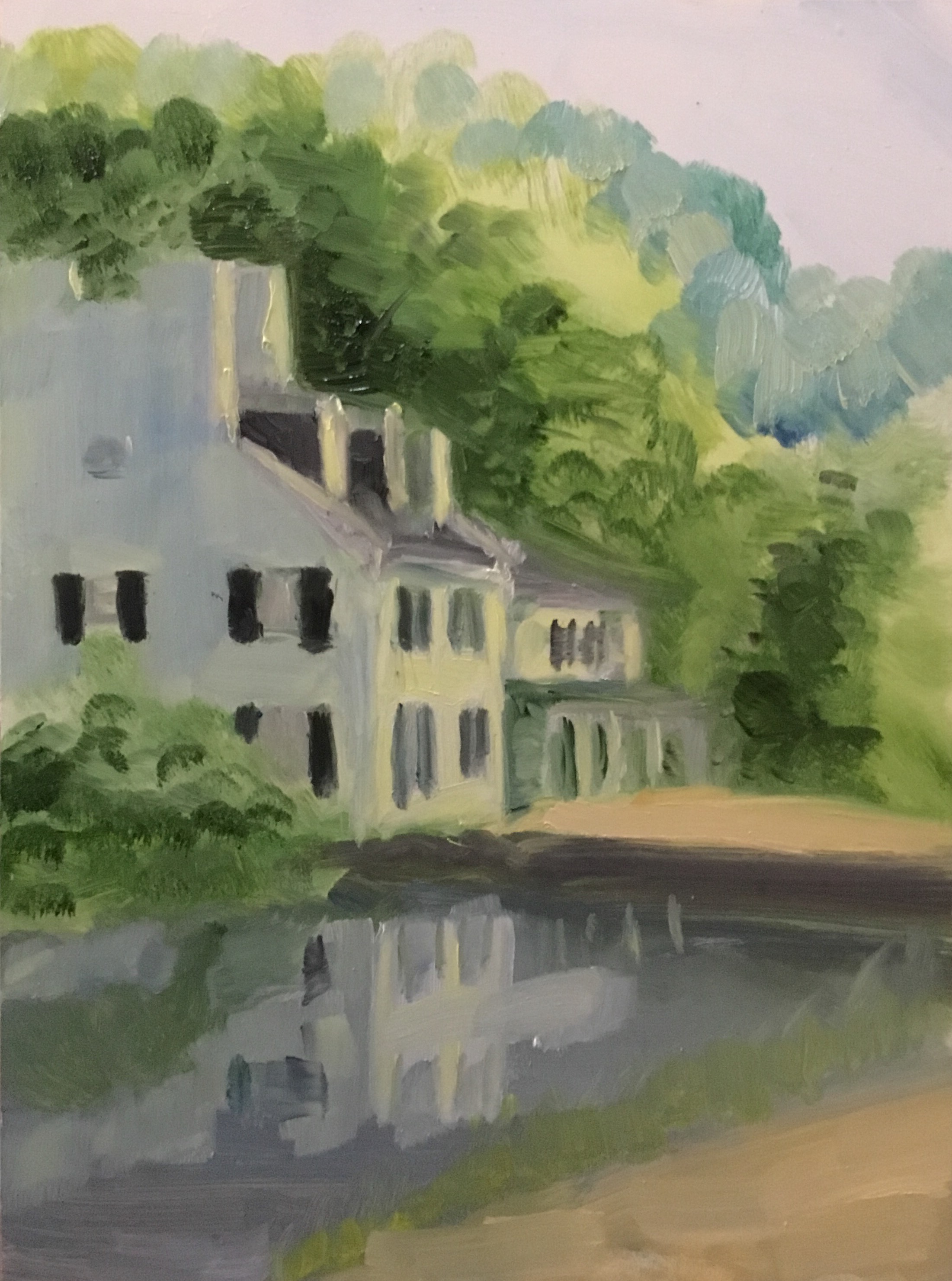 "Tavern at Great Falls," oil on panel, 9" x 12" (2017) (work in progress).
