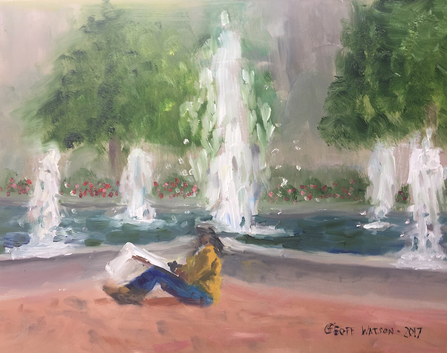 Geoff Watson, "Bronze Girl in Hubert Humphrey Park," oil on panel, 8" x 10," 2017.