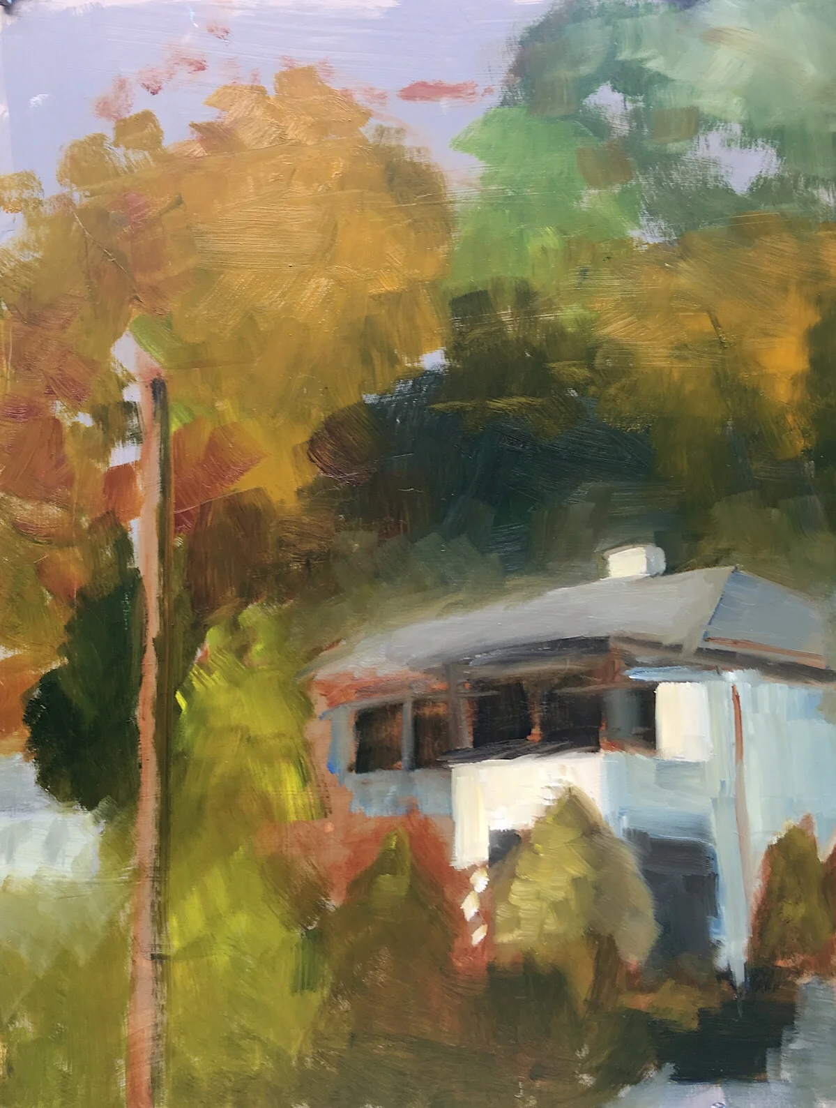 Geoff Watson, "House and Pole," work in progress, oil on panel, 16" x 20," 2017.