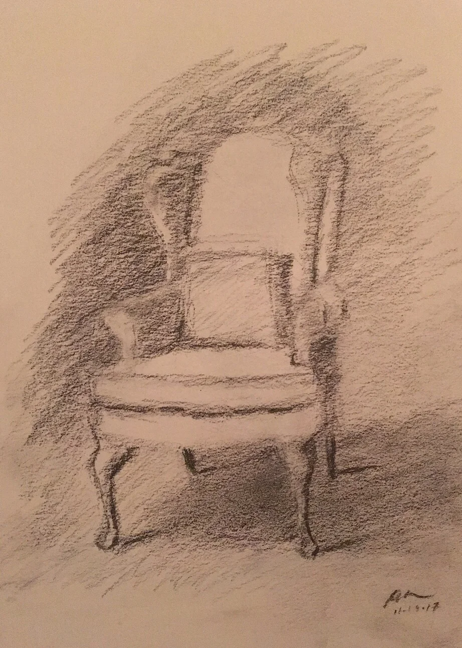 Geoff Watson, "Living-room chair," graphite on paper, 9" x 12," 2017.