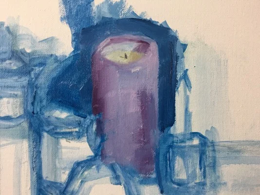 Geoff Watson, "Old coffee pot and friends," detail, in progress, oil on linen, 18" x 24," 2017.