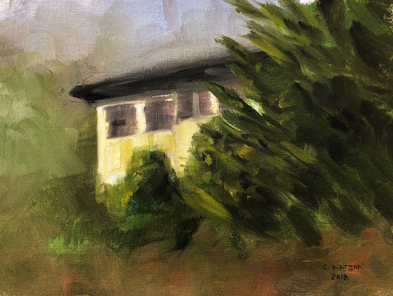 Geoff Watson, "House behind trees," oil on canvas, 9" x 12," 2018.