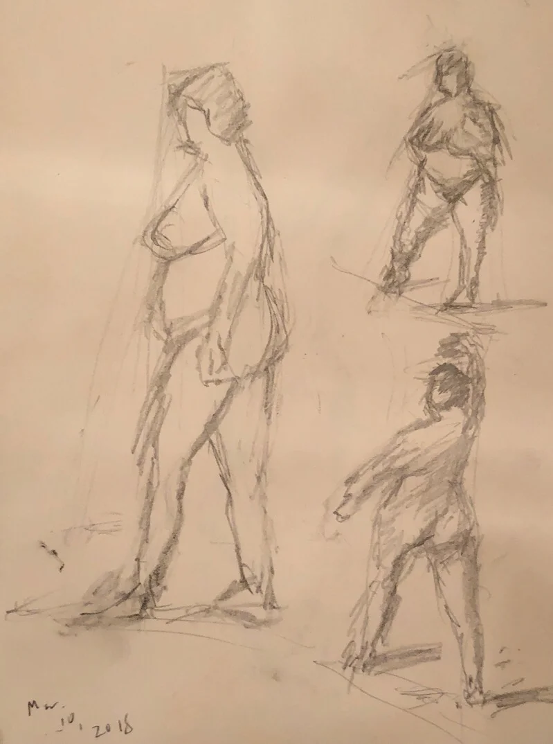Geoff Watson, "Figure sketches," graphite on paper, about 12" x 16," 2018.