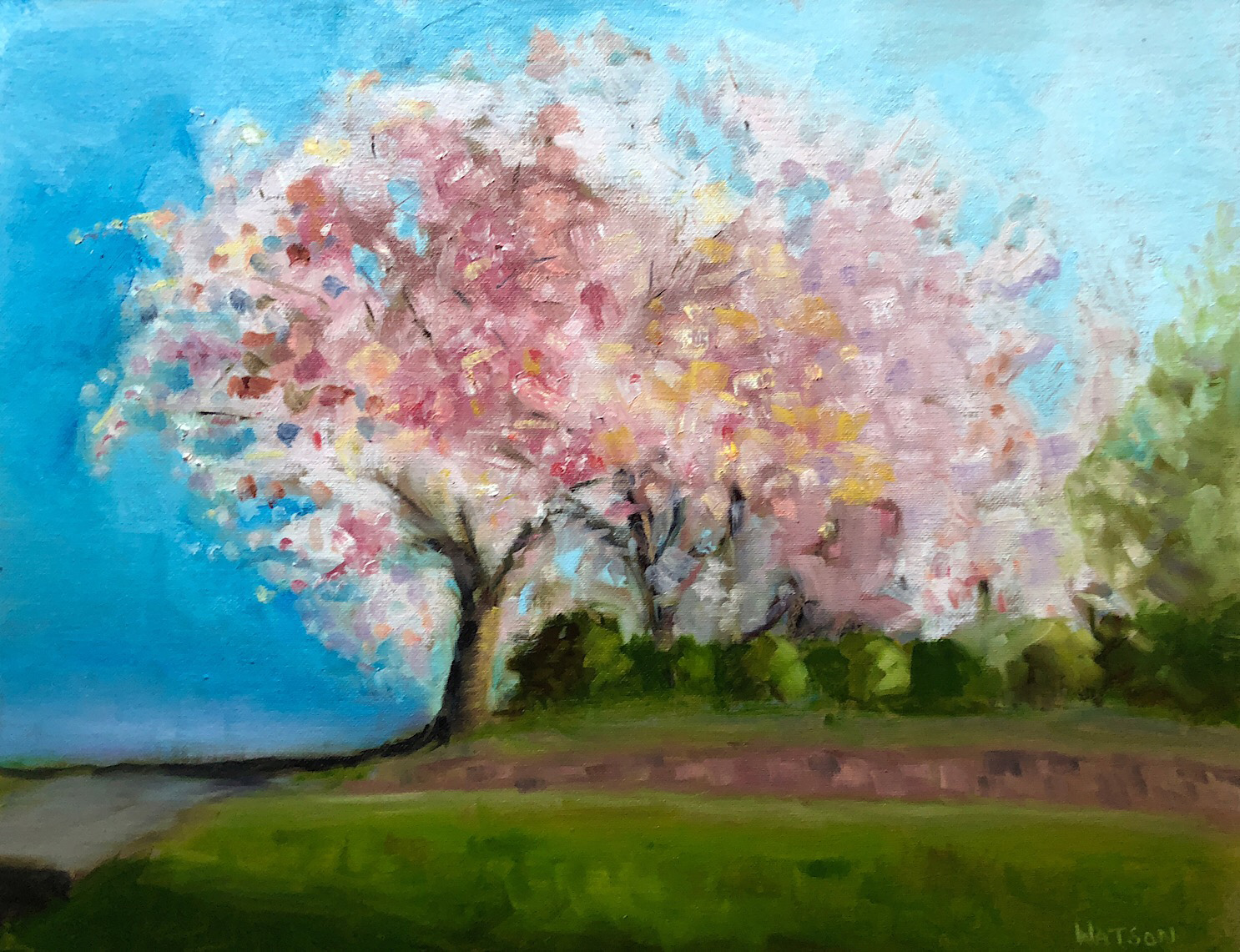Geoff Watson, "Cherries and bushes," oil on canvas panel, 16" x 20," 2018.