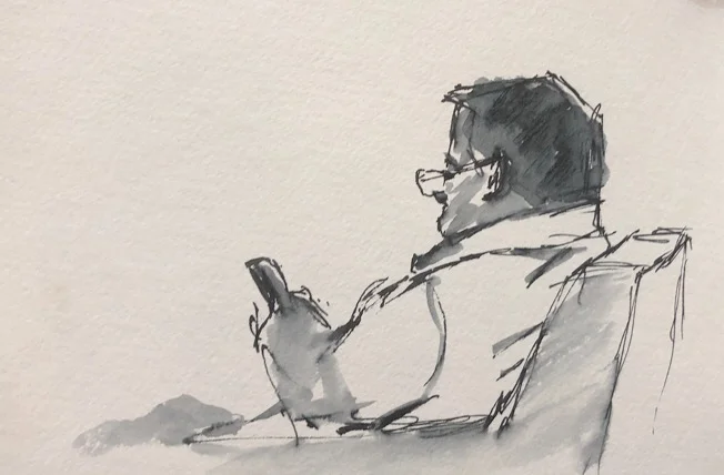Geoff Watson, "Another man at Mazza," ink and wash on paper, about 4" x 6," 2018.