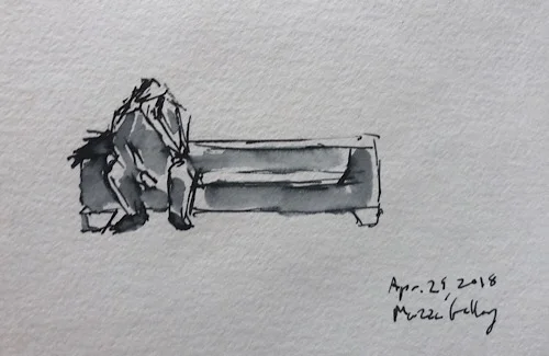 Geoff Watson, "Man on phone," ink and wash on paper, about 3" x 5," 2018.