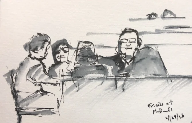 Geoff Watson, "Friends at McDonald's," ink and wash on paper, about 5" x 7," 2018.