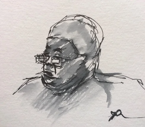 Geoff Watson, "Lady at Mazza," ink and wash on paper, about 4" x 6," 2018.