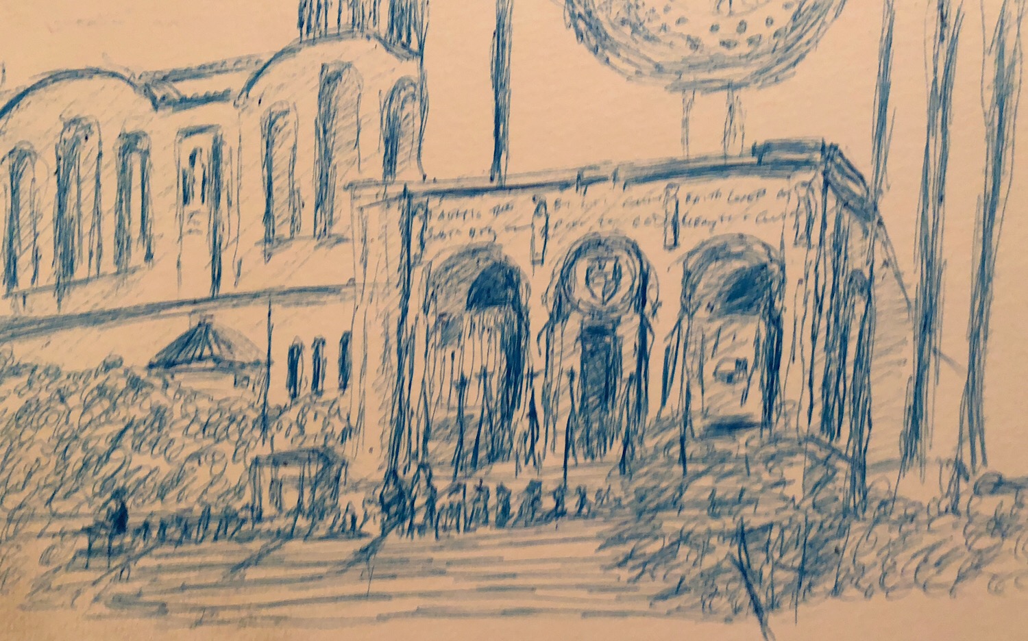 Geoff Watson, "Catholic University Commencement, 2018," pen on paper, 5" x 8," 2018.