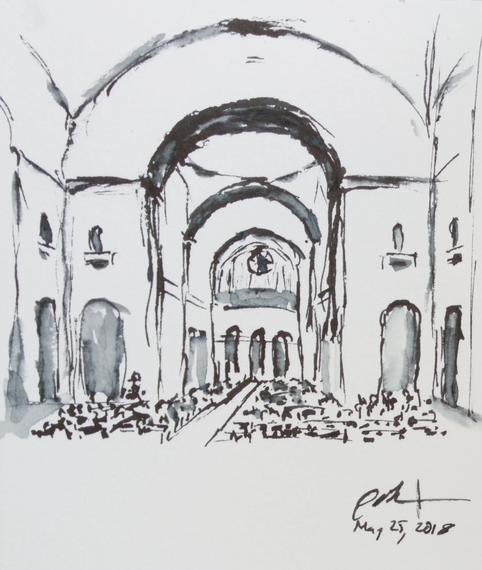 Geoff Watson, "Commencement in the Basilica," ink wash on paper, about 4" x 5," 2018.