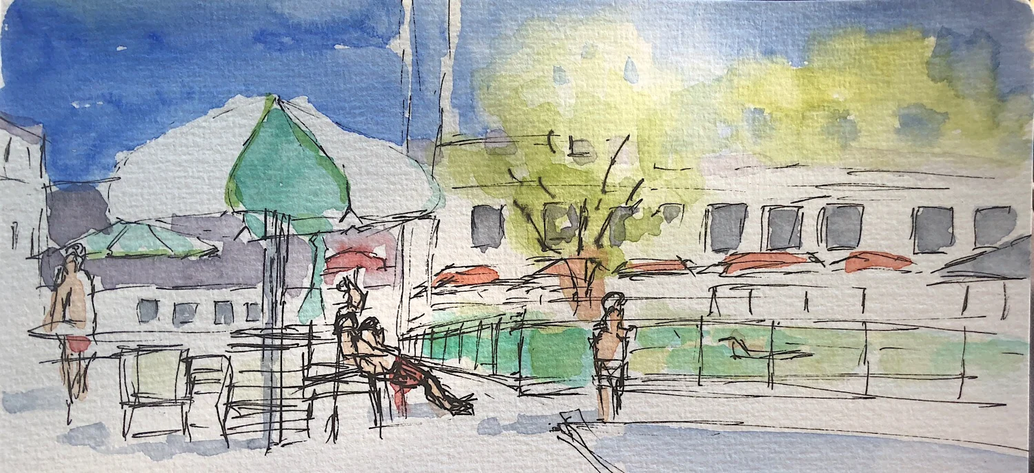 Geoff Watson, "Pool sketch," watercolor and pen on paper, 3" x 8," 2018.