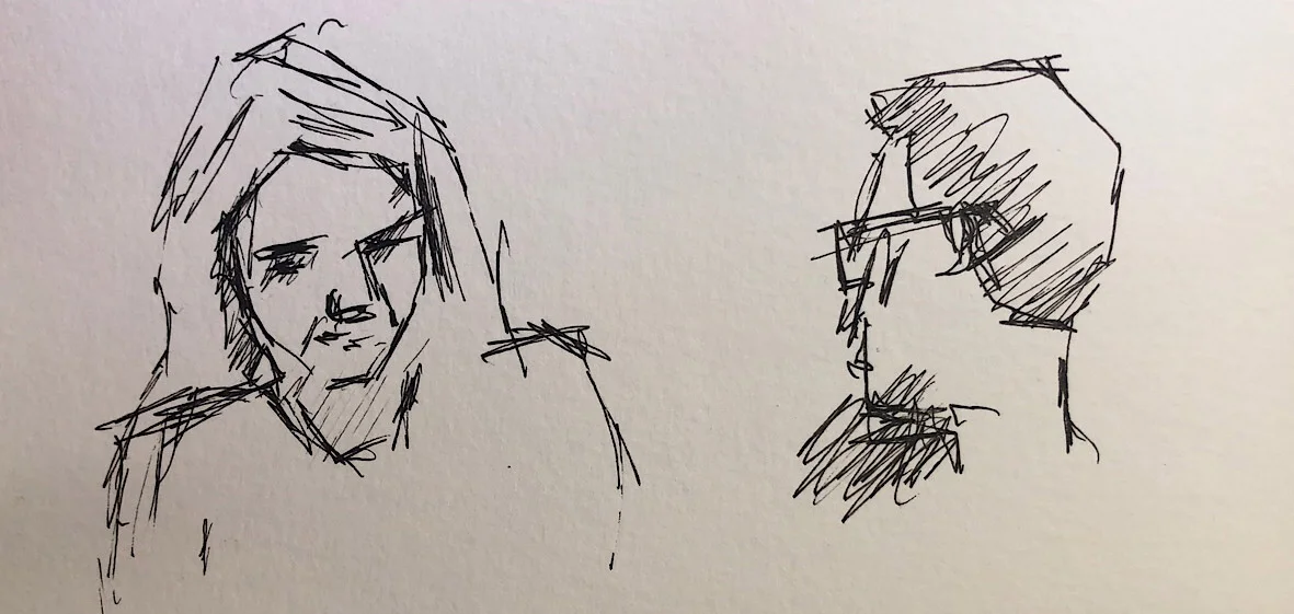 Geoff Watson, "Capitals fans on the Metro," ink on paper, 5" x 8," 2018.