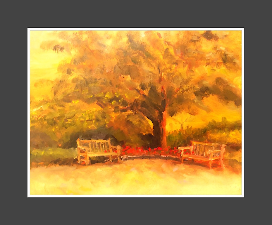 Geoff Watson, "Benches - saturated version," in progress, oil on panel, 11" x 14," 2018.