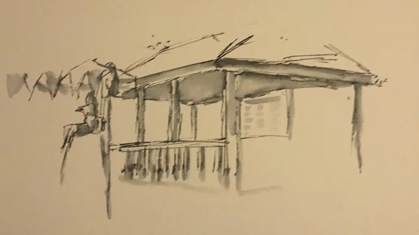 Geoff Watson, "Pool cabana," ink and wash on paper, 5" x 8," 2018.