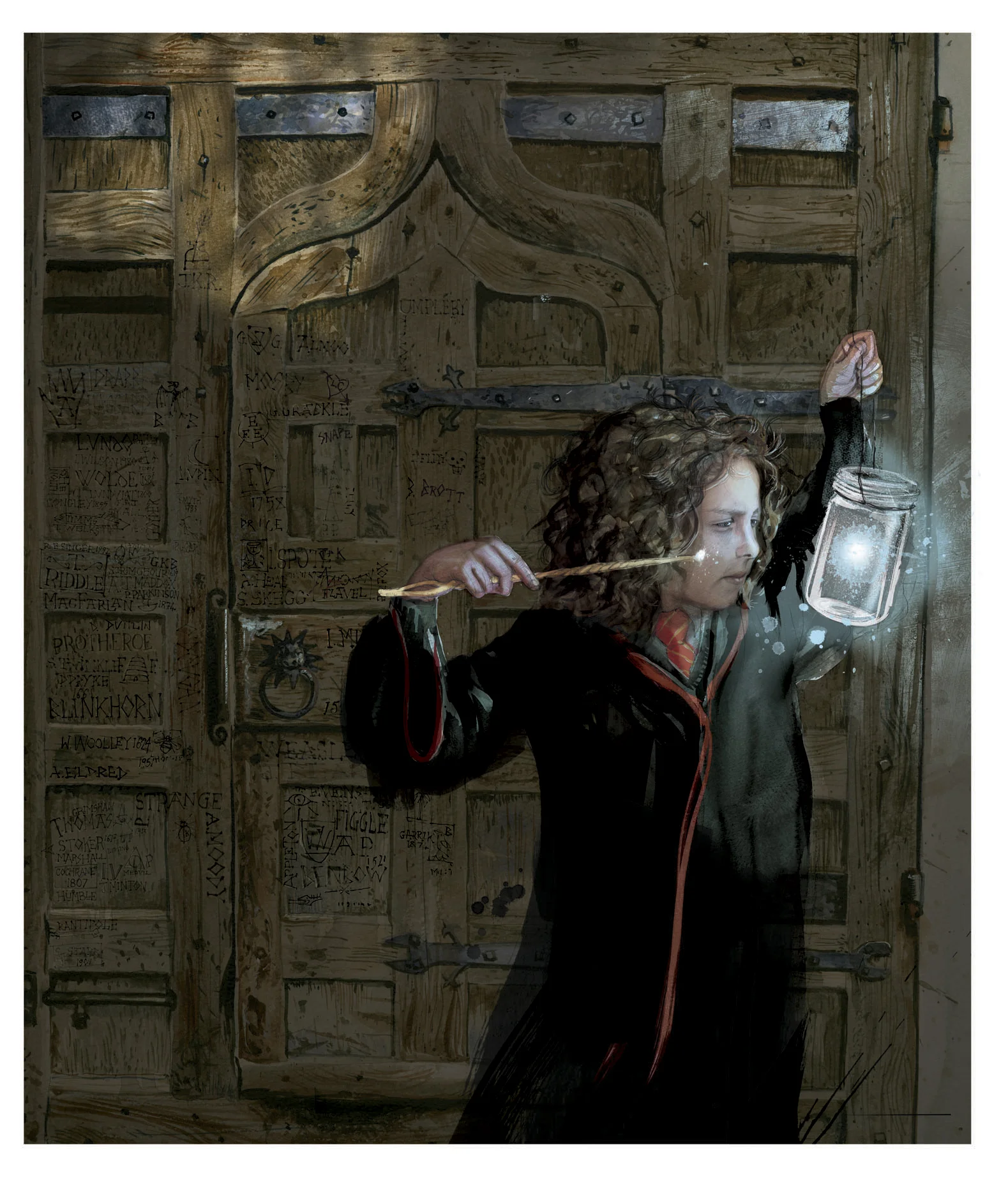 Jim Kay, "Hermione making one of her blue flames in a jar."