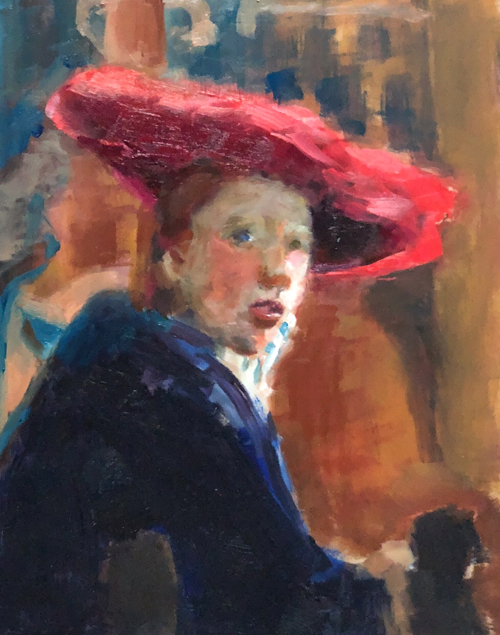 After Vermeer, "Girl with the Red Hat (in progress)," oil on panel, 8" x 10."