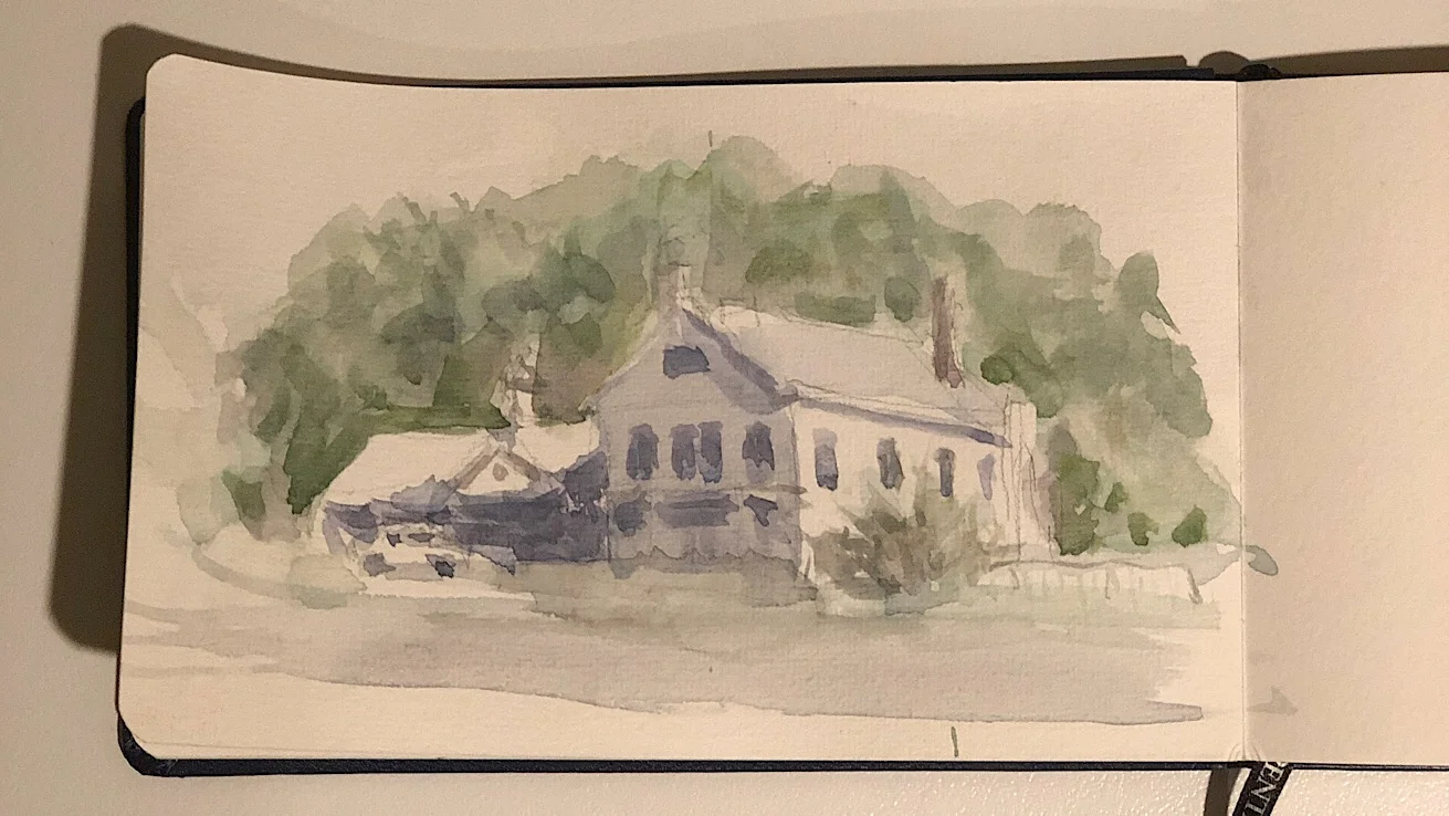 Geoff Watson, “Darien shops,” watercolor on sketchbook paper, about 4” x 7”, 2019.