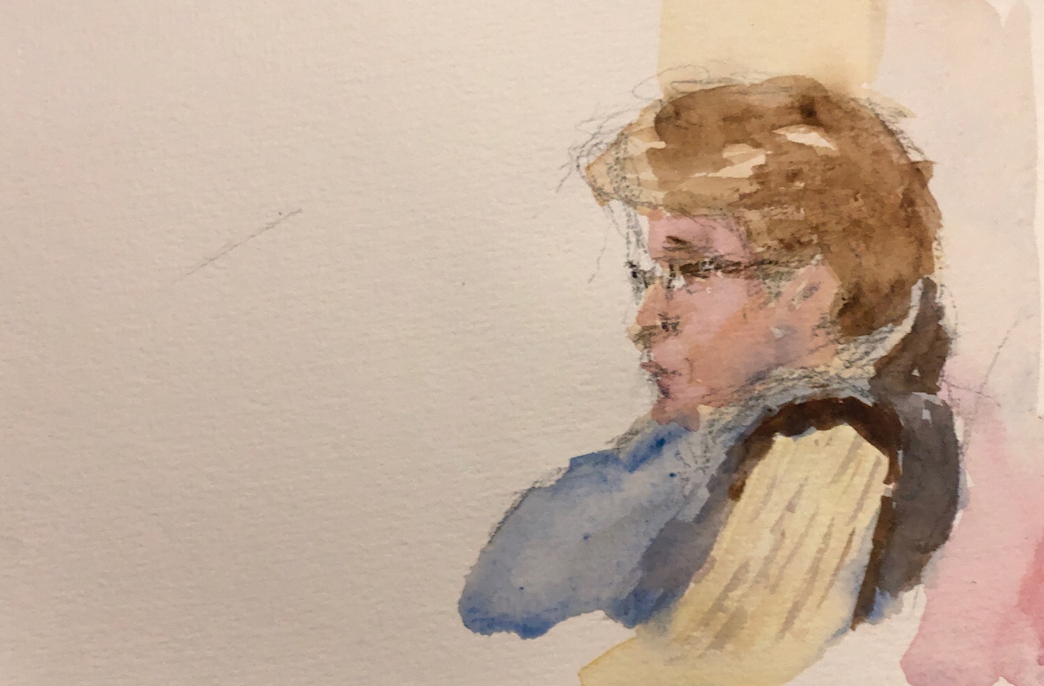 Geoff Watson, “Lost in thought,” watercolor and pencil on paper, about 5” x 8,” 2019.