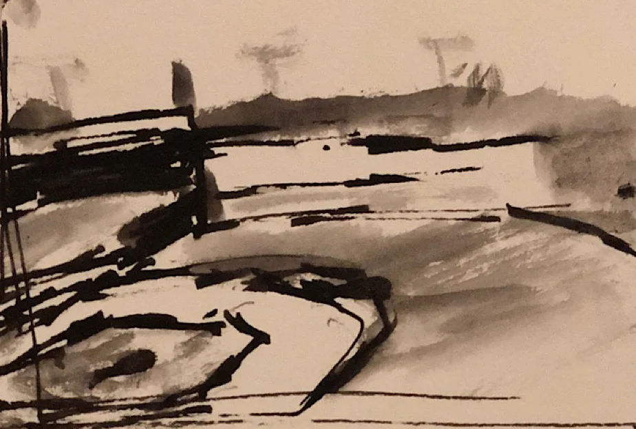 Geoff Watson, “Fenway Park (thumbnail sketch),” study, ink and wash on paper, about 2” x 3” (2019).