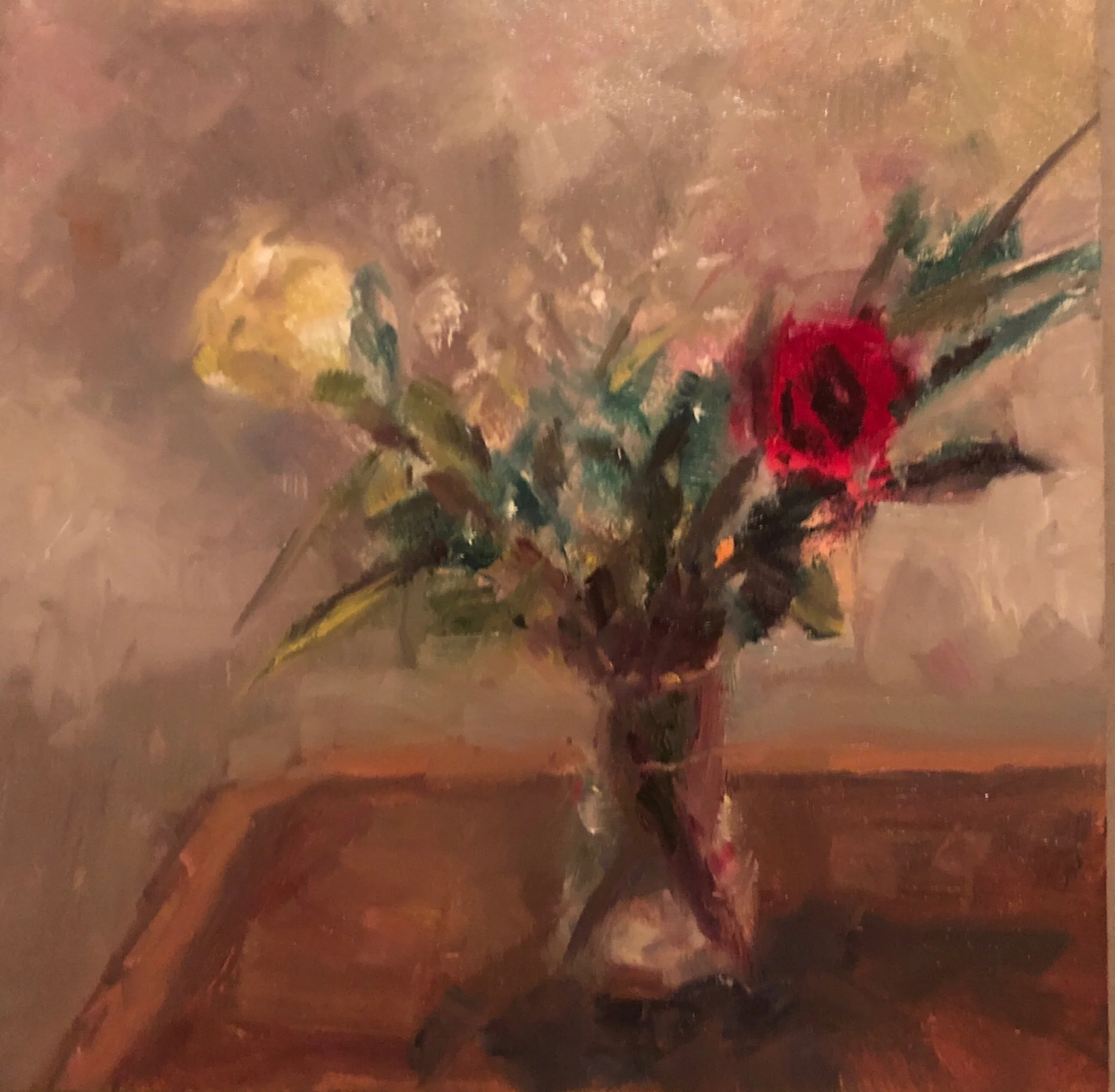 Geoff Watson, “Floral sketch (in progress),” May daily painting #21, oil on panel, 6” x 6,” 2019.