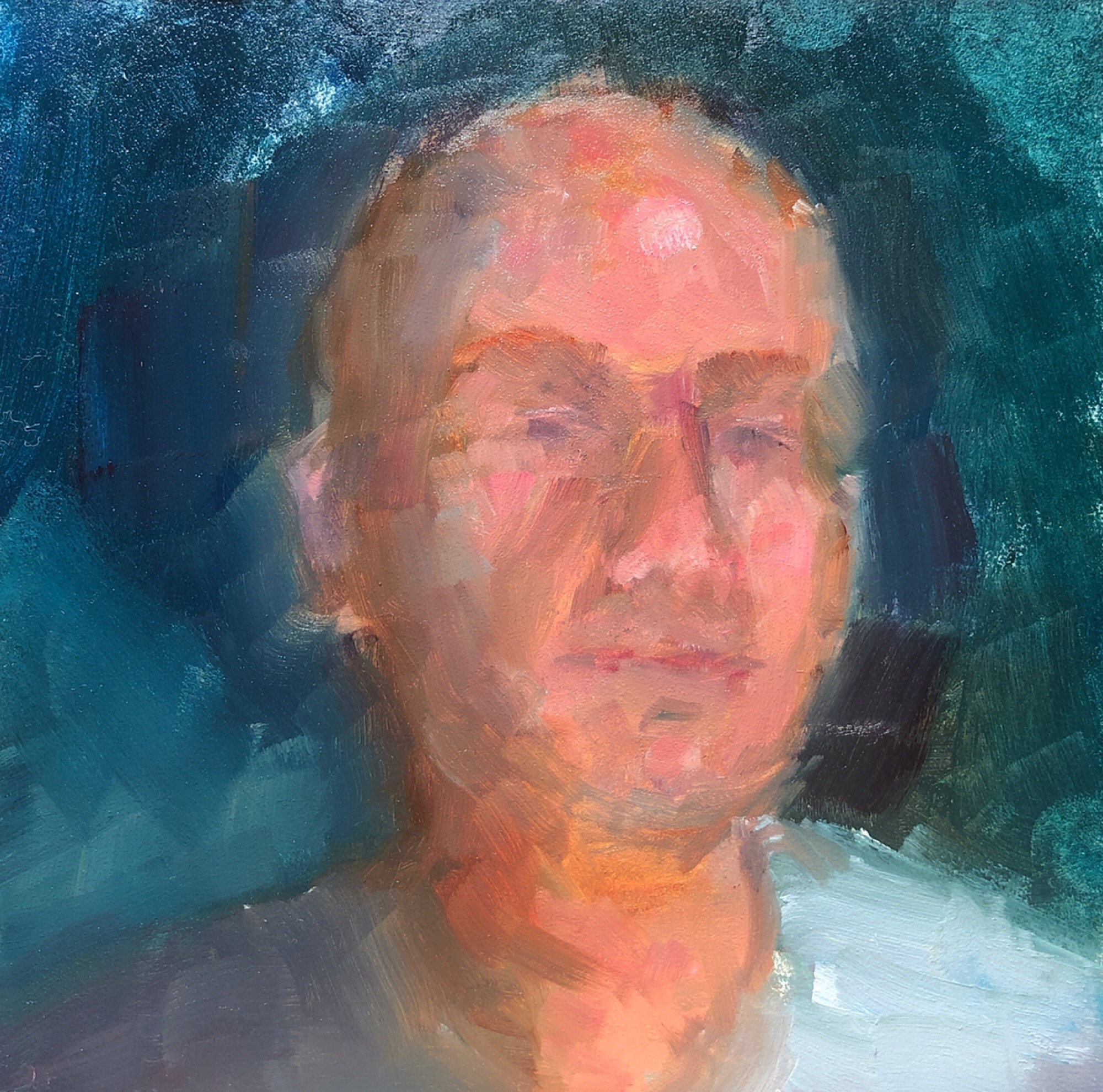 Geoff Watson, “Improved self-portrait (in progress),” May daily painting #25, study, oil on panel, 6” x 6,” 2019.