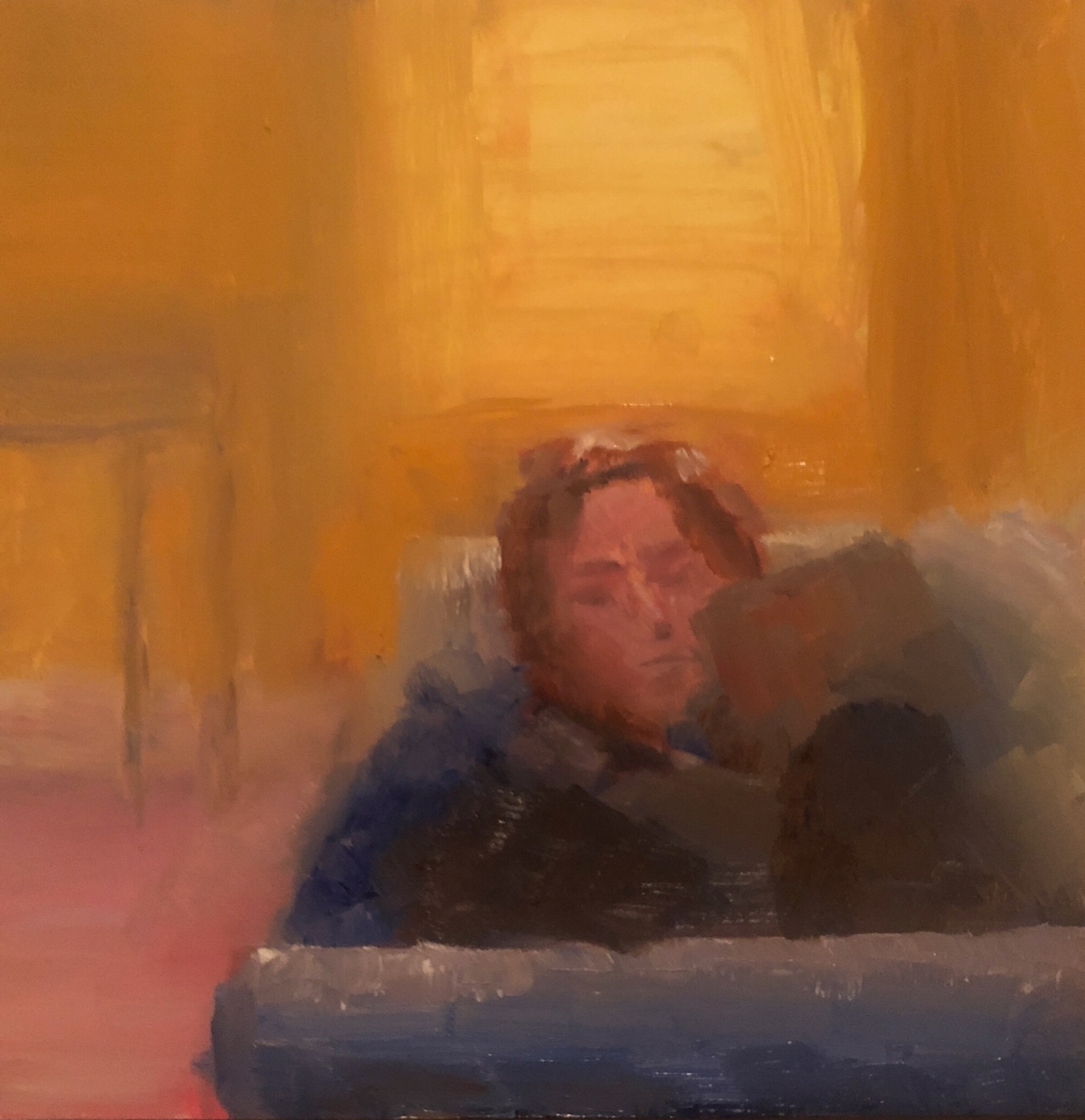 Geoff Watson, “On the couch (study),” May daily painting #31, oil on panel, 8” x 8,” 2019.