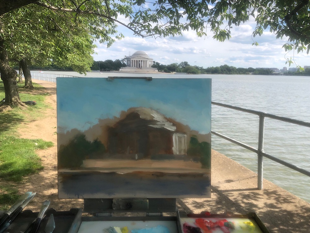 Geoff Watson, Photo of my plein air setup at the Jefferson Memorial, June 12, 2019.