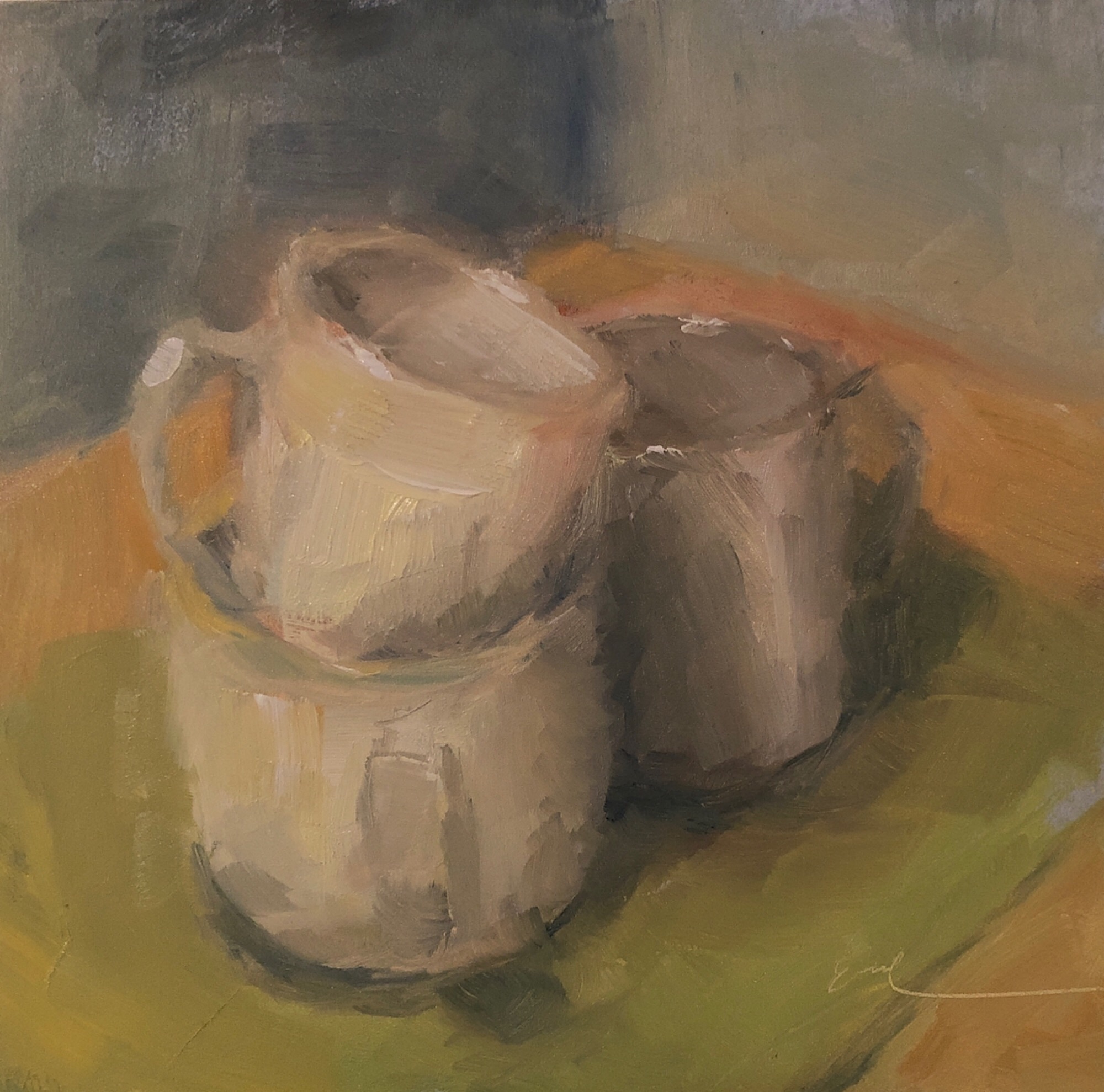 Geoff Watson, “Mugs (study),” June daily painting #25, oil on panel, 6” x 6,” 2019.