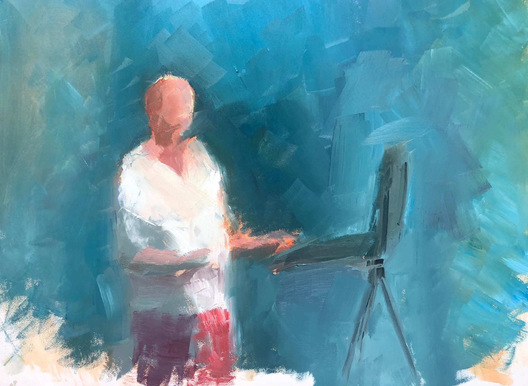 Geoff Watson, “In progress: At the easel, day 1,” June daily painting #28, oil on panel, 12” x 16,” 2019.
