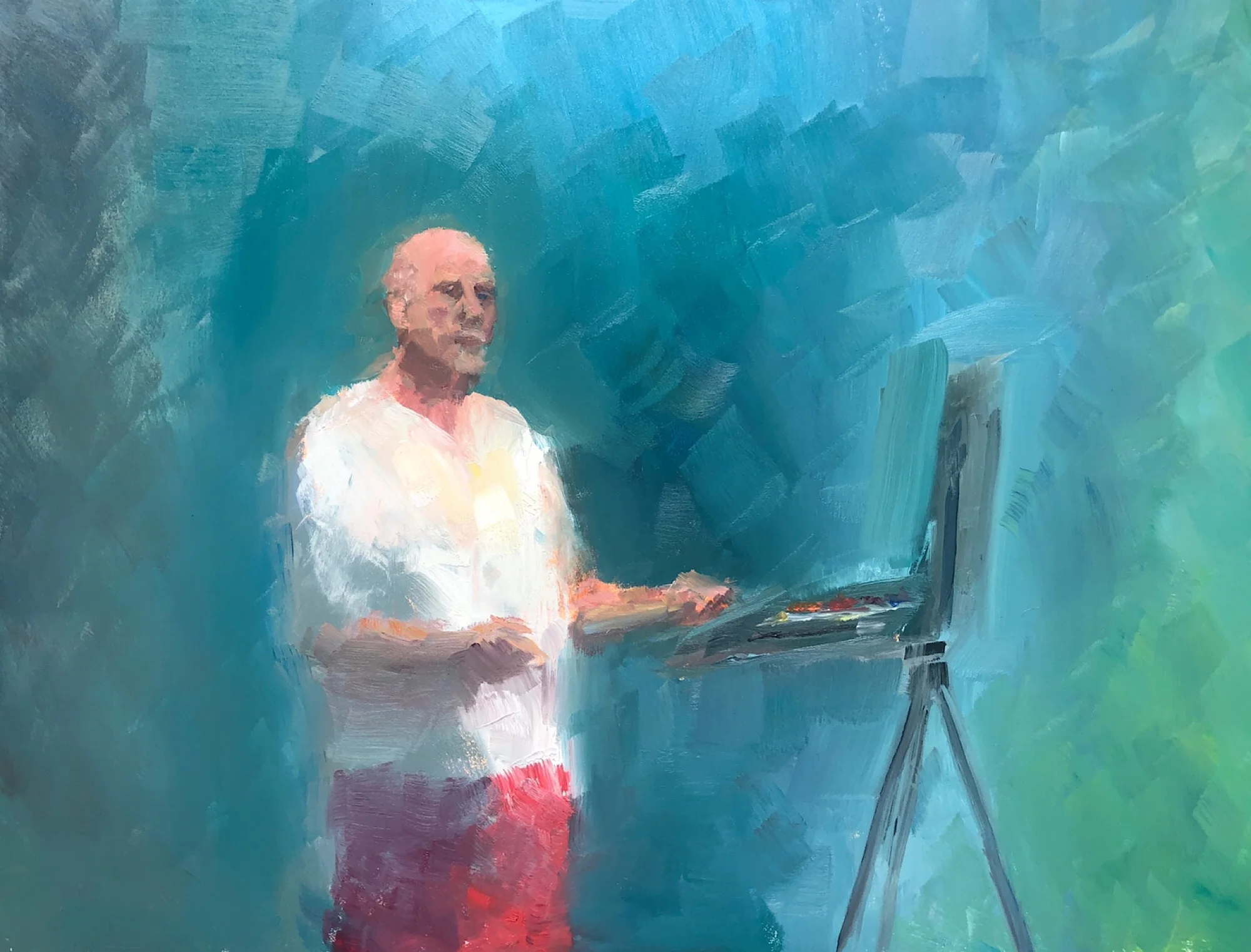 Geoff Watson, “In progress: At the easel, day 2,” June daily painting #29, oil on panel, 12” x 16,” 2019.