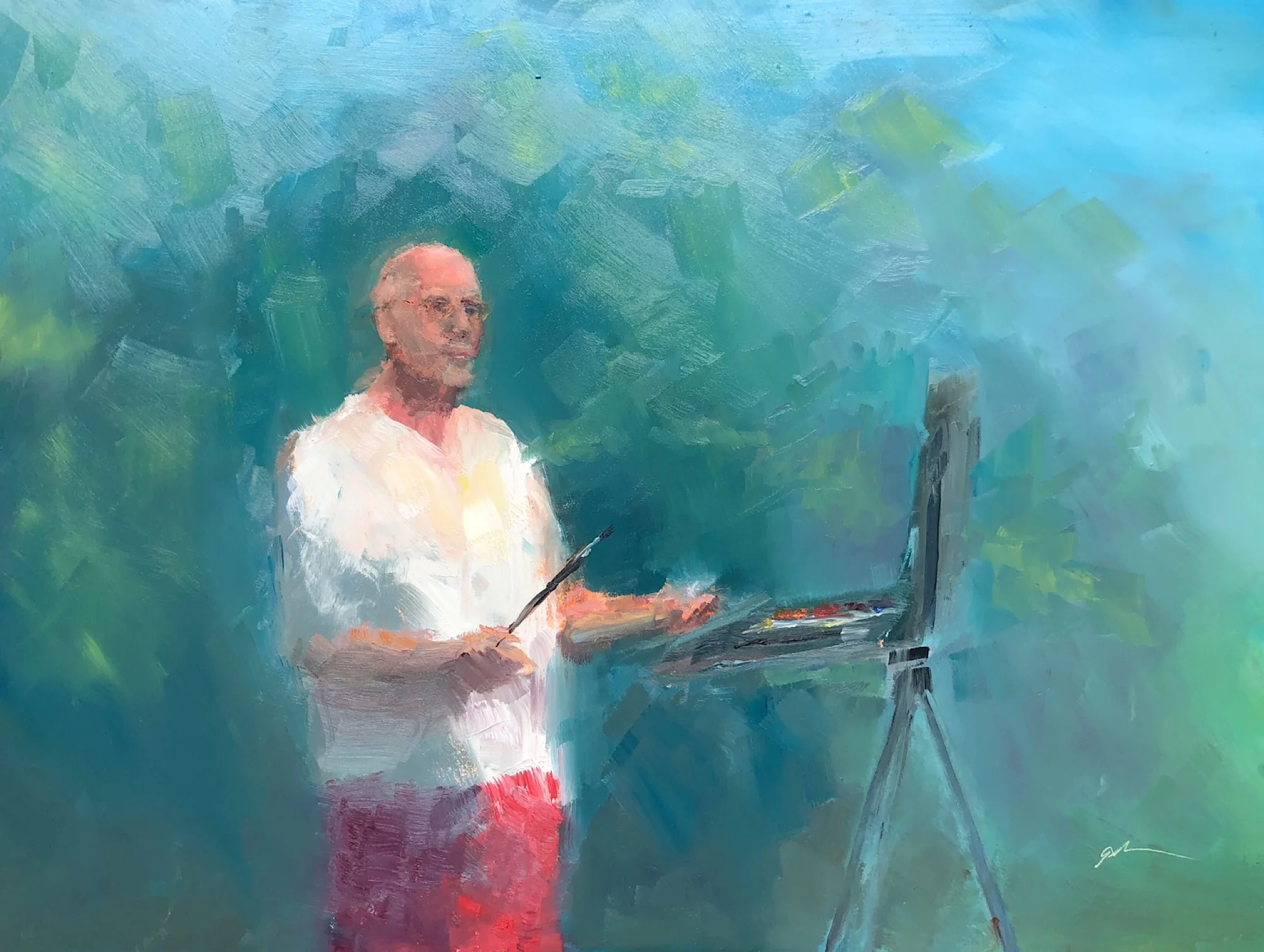 Geoff Watson, “At the easel (in progress, day 3),” June daily painting #30, oil on panel, 12” x 16,” 2019.