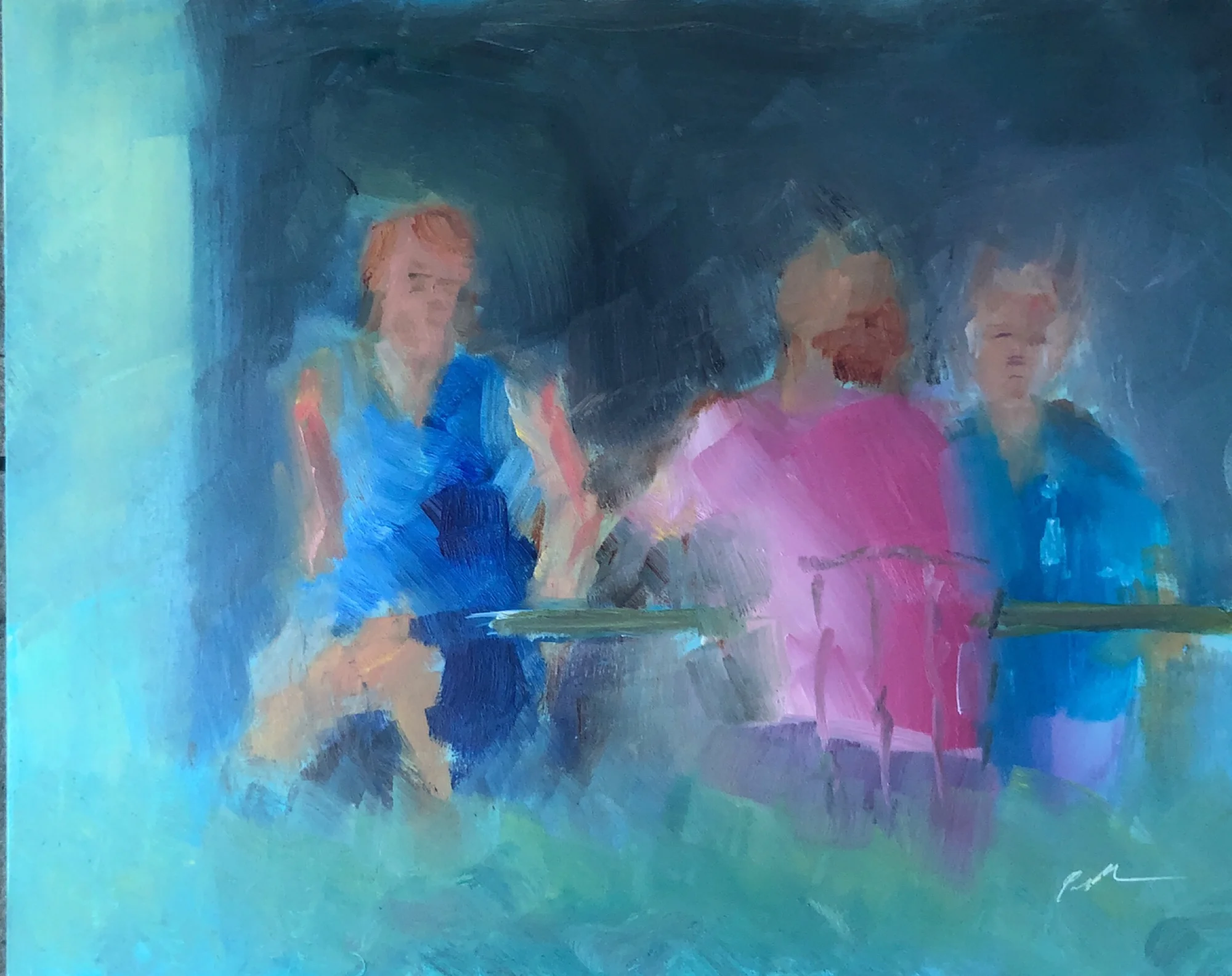 Geoff Watson, “Sketch of diners at Olazzo’s,” study, July daily painting #1, oil on panel, 8” x 10,” 2019.