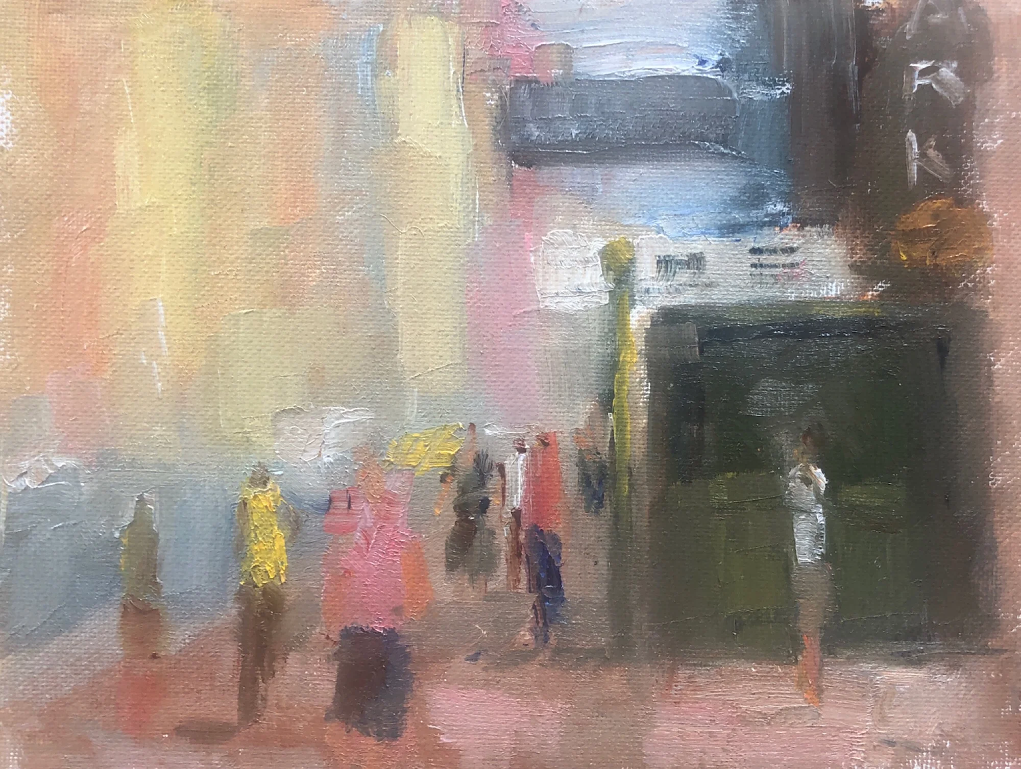 Geoff Watson, “Sketch of 7th Avenue at 57th Street,” study, July daily painting #6, oil on canvas panel, 6” x 8,” 2019.