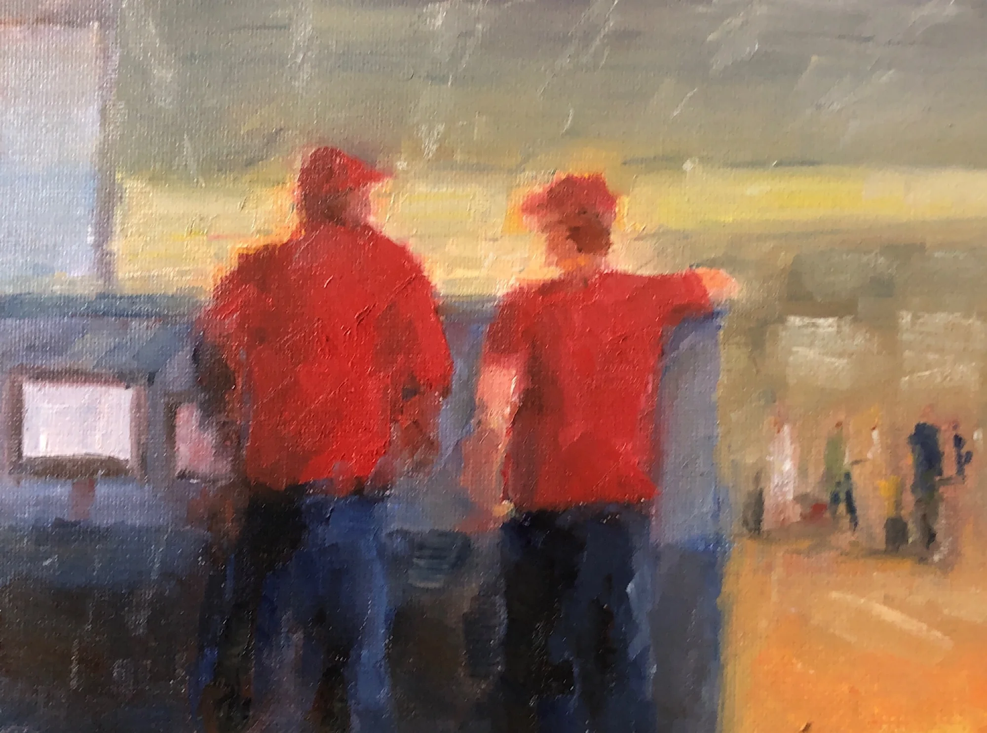 Geoff Watson, “Sketch of Red Caps at Penn Station,” July daily painting #7, oil on panel, 6” x 8,” 2019.