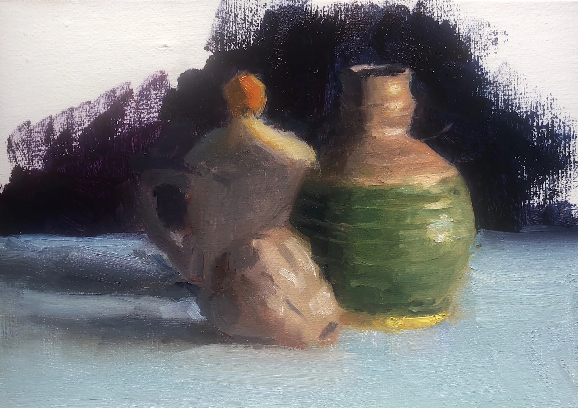 Geoff Watson, “In progress: Garlic & pottery,” oil on linen, 5” x 7,” 2019.