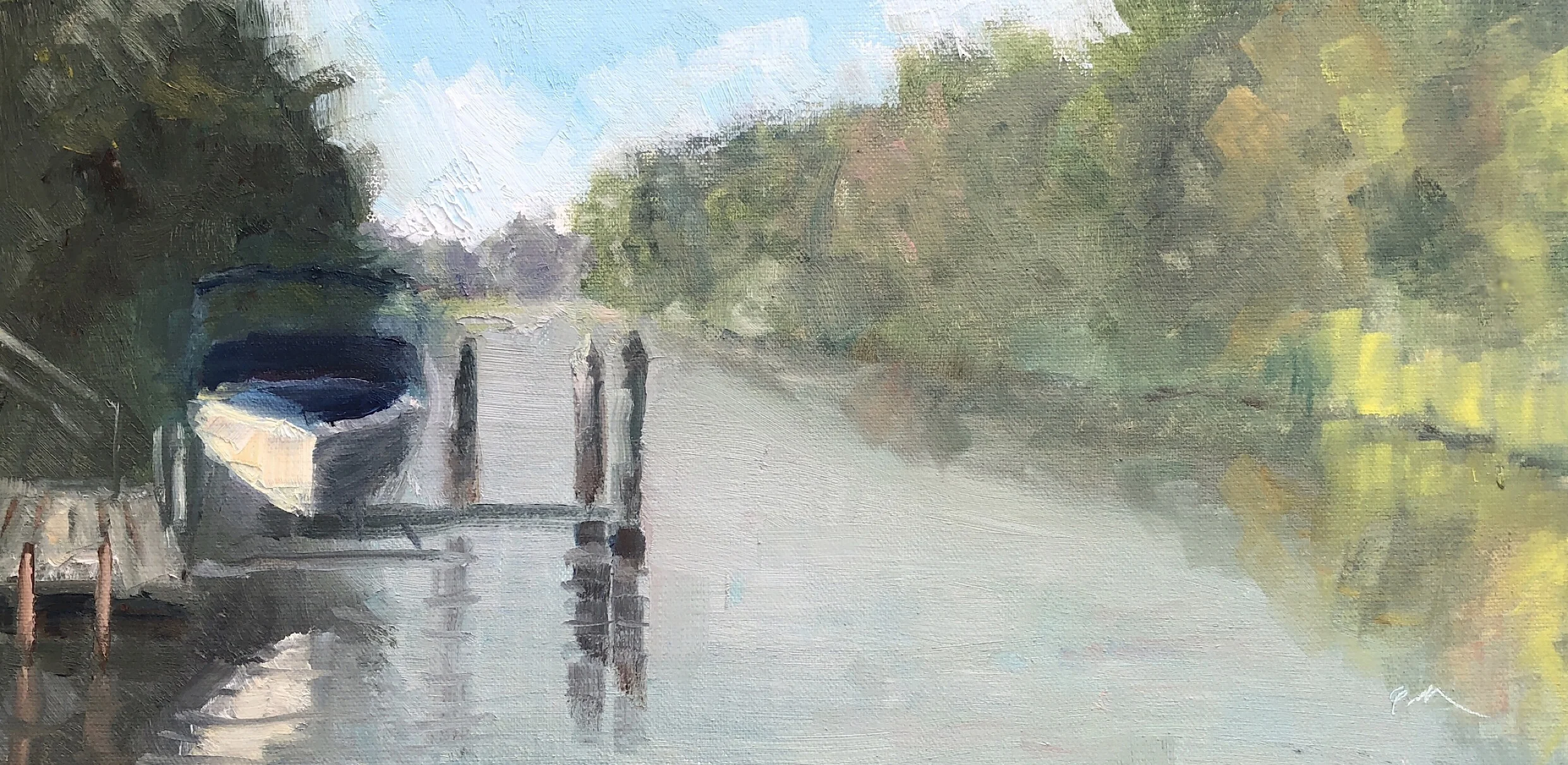 Geoff Watson, “The Canal from Rehoboth to Lewes,” oil on linen, 6” x 12,” 2019.