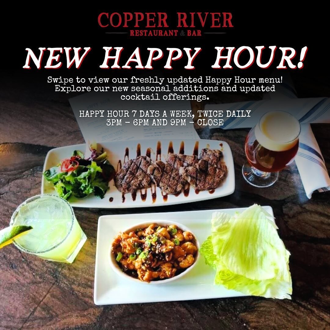 We&rsquo;ve updated our happy hour offerings for the warmer seasons ahead! ⁠
Our new fresh items and cocktails include:⁠
⁠
☀️Sweet Chicken ⁠
🌺Tropical Spring Salad⁠
🍔BBQ Pork Sliders⁠
🍹Copper Peach Tree⁠
🍉Watermelon Margarita⁠
🥂Wild Marionberry⁠