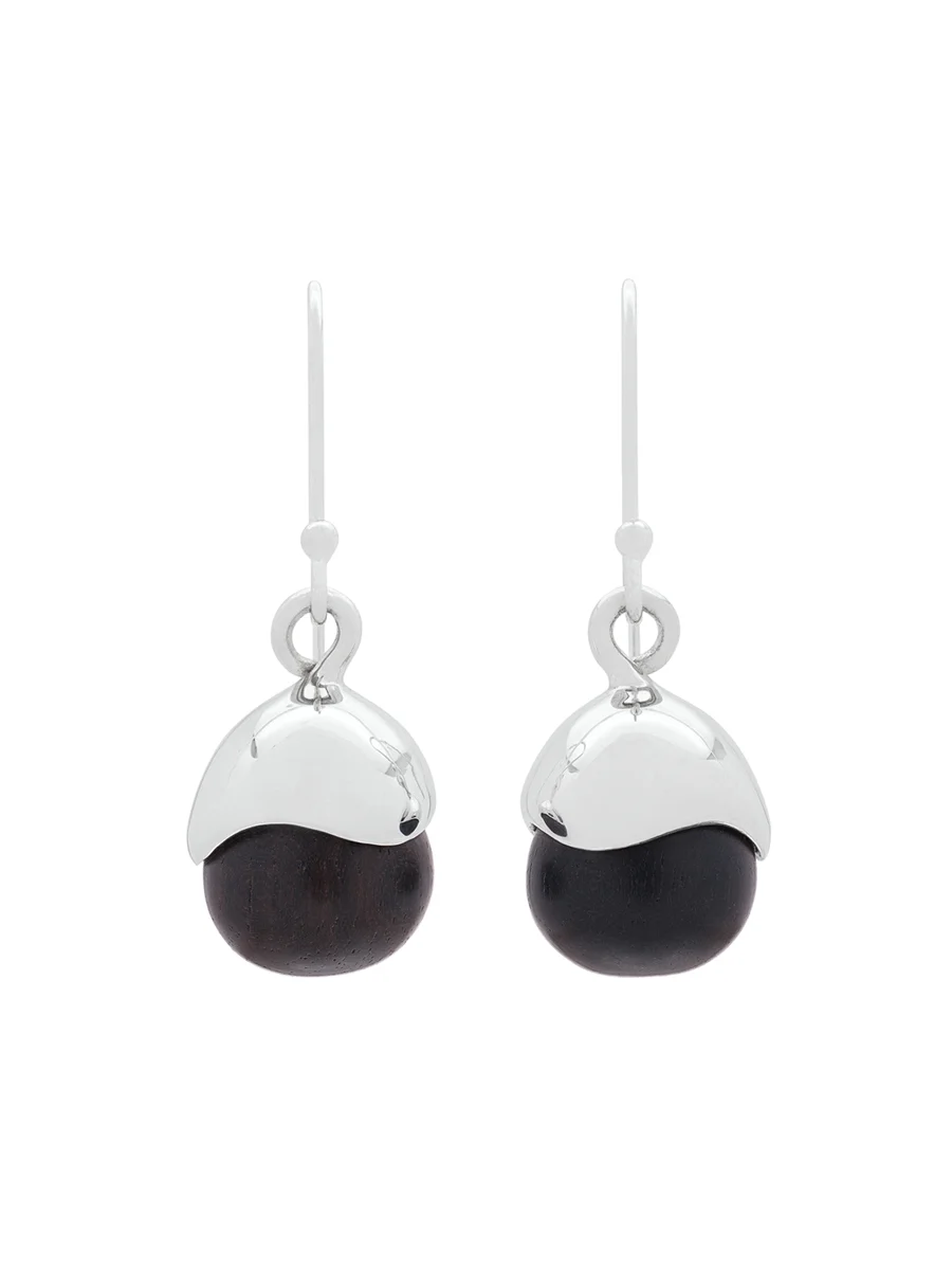 Acorn Earrings in ebony wood and sterling silver white background