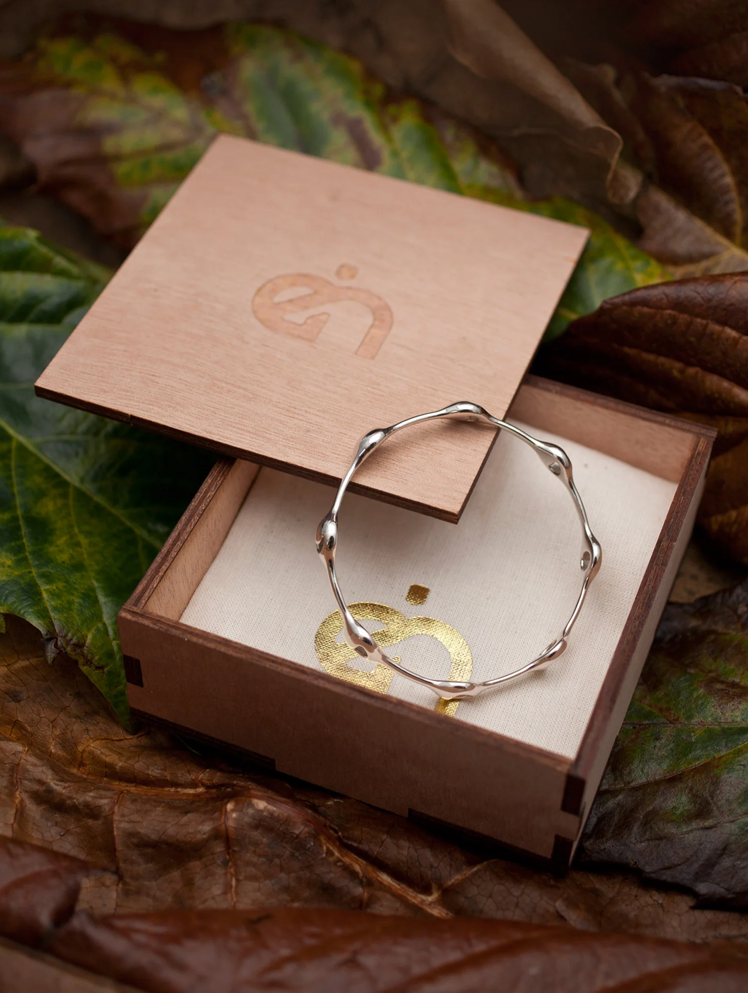 Lunar bracelet sterling silver in Erika Hansen jewellery wood packaging